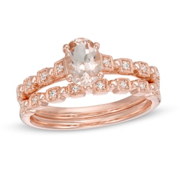Oval Morganite and 1/15 CT. T.W. Diamond Beaded Alternating Art Deco Bridal Set in 10K Rose Gold