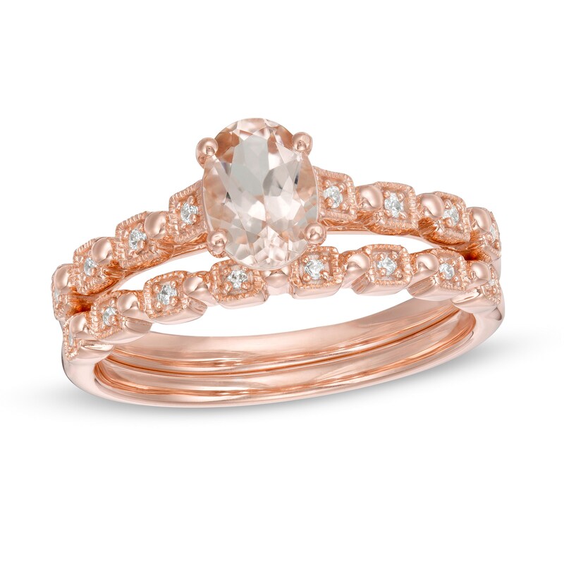 Main Image 1 of Oval Morganite and 1/15 CT. T.W. Diamond Beaded Alternating Art Deco Bridal Set in 10K Rose Gold