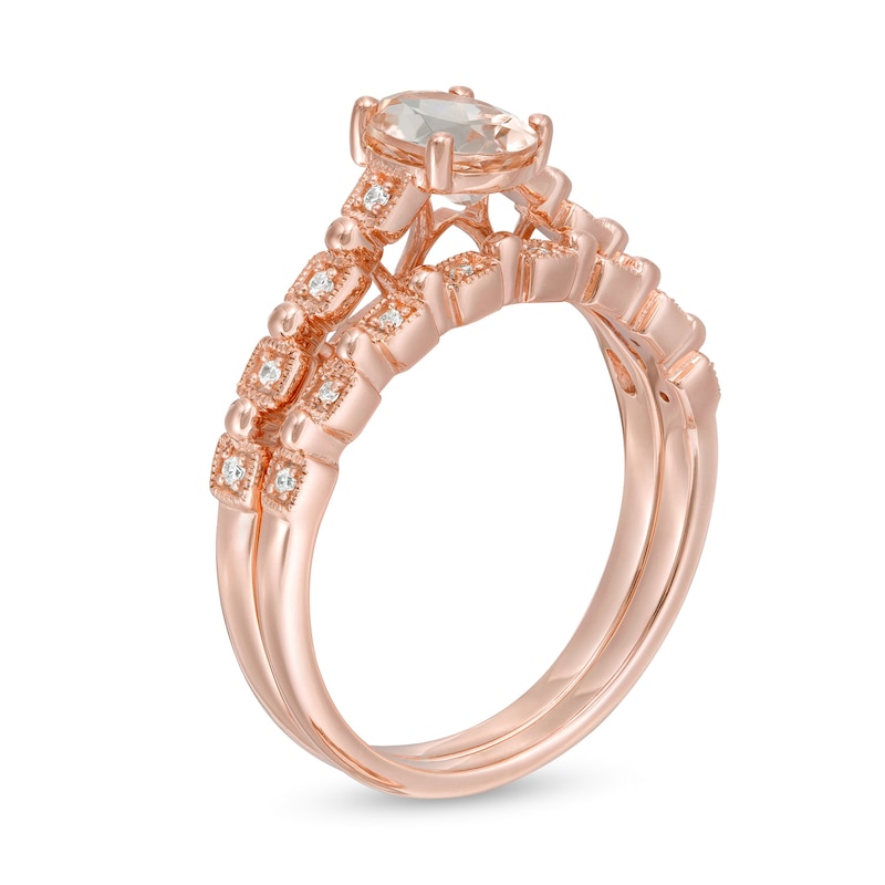 Main Image 3 of Oval Morganite and 1/15 CT. T.W. Diamond Beaded Alternating Art Deco Bridal Set in 10K Rose Gold