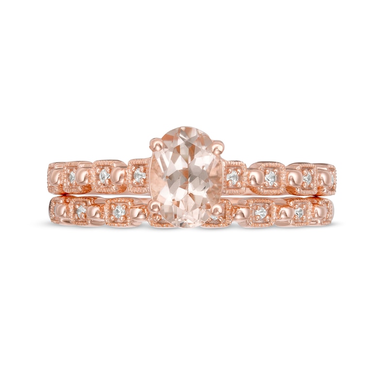 Main Image 4 of Oval Morganite and 1/15 CT. T.W. Diamond Beaded Alternating Art Deco Bridal Set in 10K Rose Gold