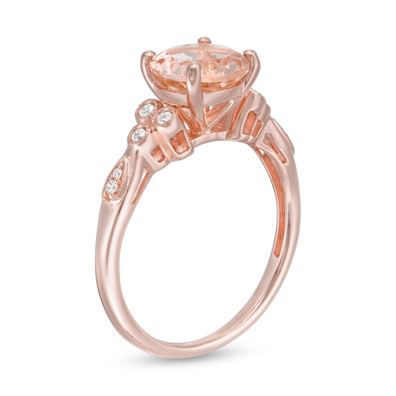 8.0mm Morganite and 1/10 CT. T.W. Diamond Tri-Sides Vintage-Style Ring in 10K Rose Gold