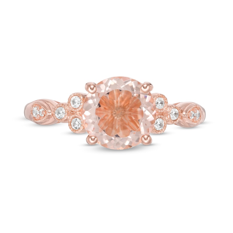 Main Image 4 of 8.0mm Morganite and 1/10 CT. T.W. Diamond Tri-Sides Vintage-Style Ring in 10K Rose Gold