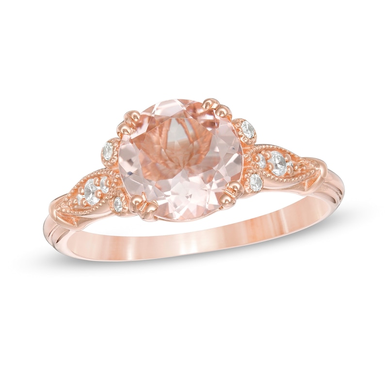 Main Image 1 of 8.0mm Morganite and 1/10 CT. T.W. Diamond Vintage-Style Ring in 10K Rose Gold