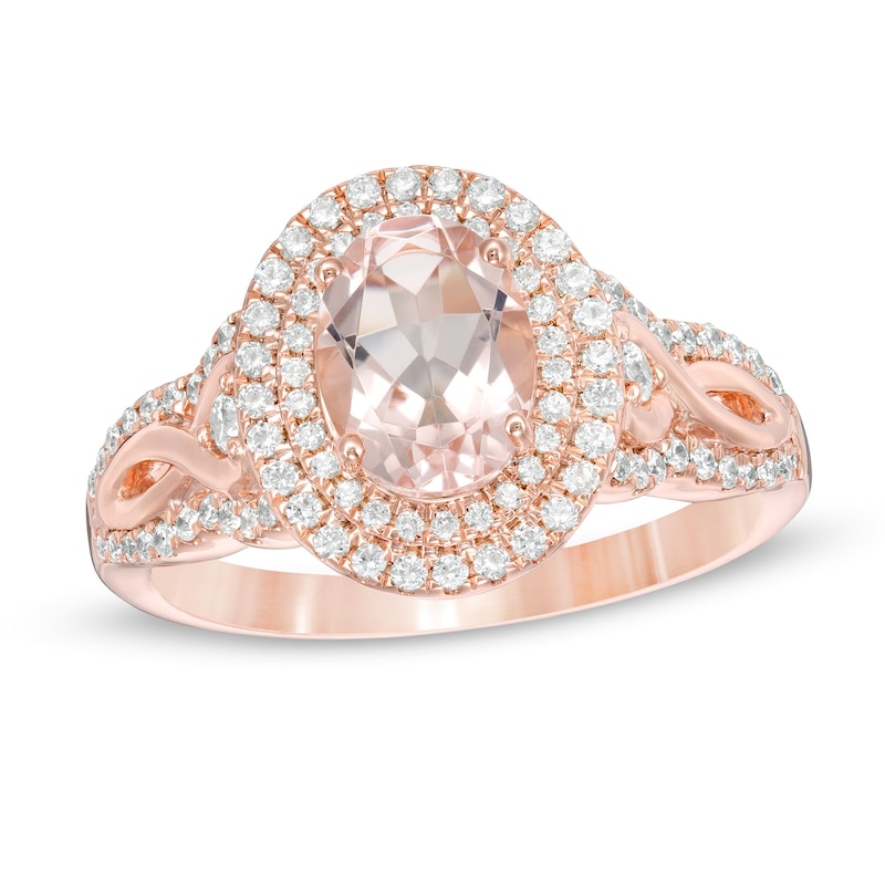 Main Image 1 of Oval Morganite and 1/2 CT. T.W. Diamond Double Frame Split Shank Ring in 10K Rose Gold