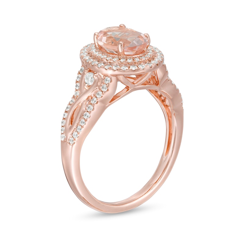 Main Image 3 of Oval Morganite and 1/2 CT. T.W. Diamond Double Frame Split Shank Ring in 10K Rose Gold