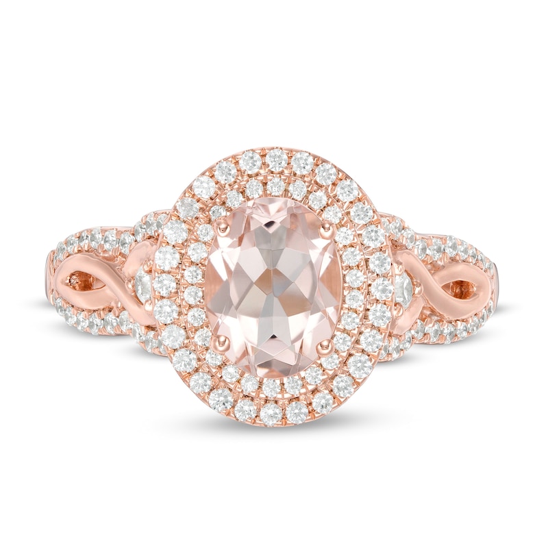Main Image 4 of Oval Morganite and 1/2 CT. T.W. Diamond Double Frame Split Shank Ring in 10K Rose Gold