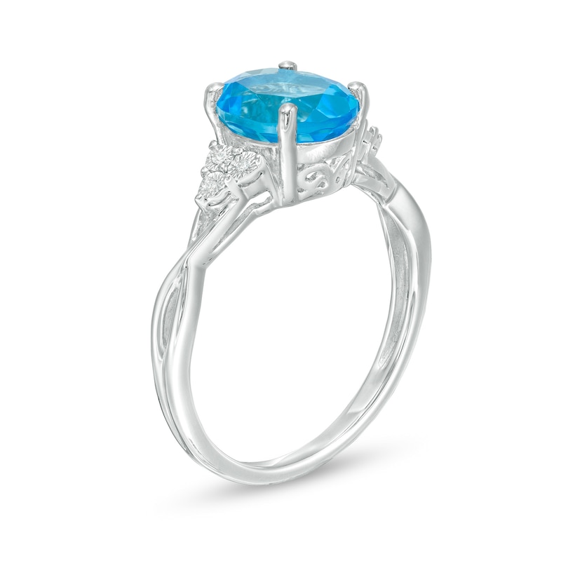 Main Image 3 of Oval Blue Topaz and Diamond Accent Tri-Sides Twist Shank Ring in Sterling Silver