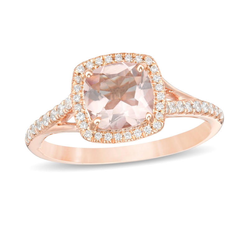Main Image 1 of 7.0mm Cushion-Cut Morganite and 1/4 CT. T.W. Diamond Frame Split Shank Ring in 10K Rose Gold