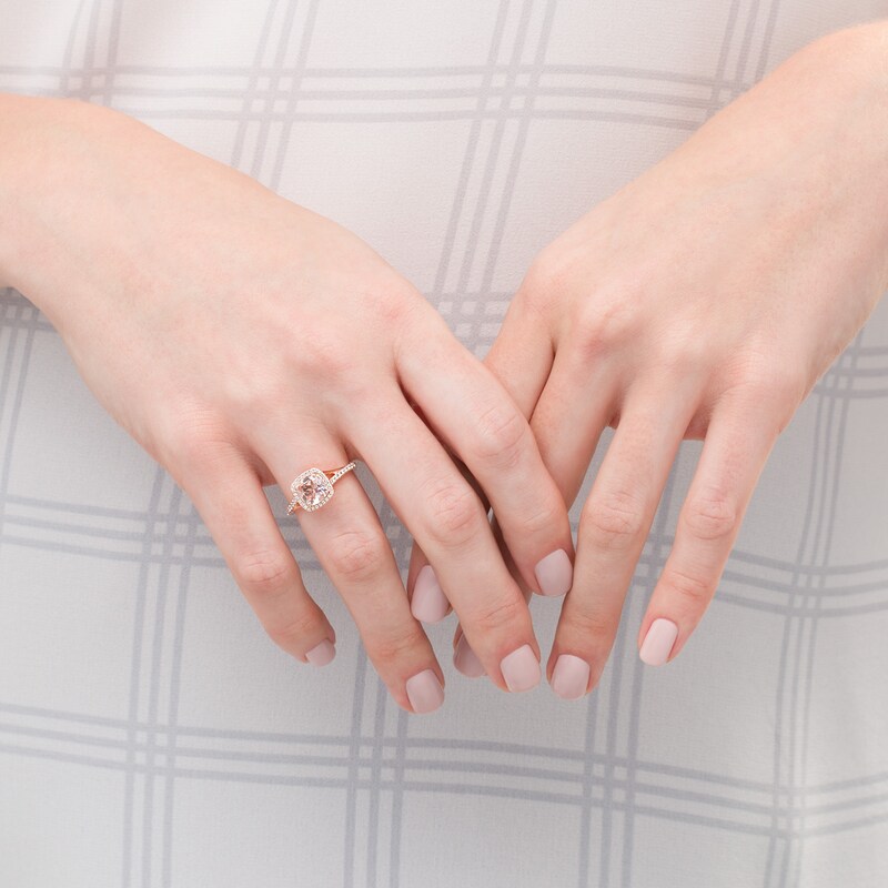 Main Image 2 of 7.0mm Cushion-Cut Morganite and 1/4 CT. T.W. Diamond Frame Split Shank Ring in 10K Rose Gold