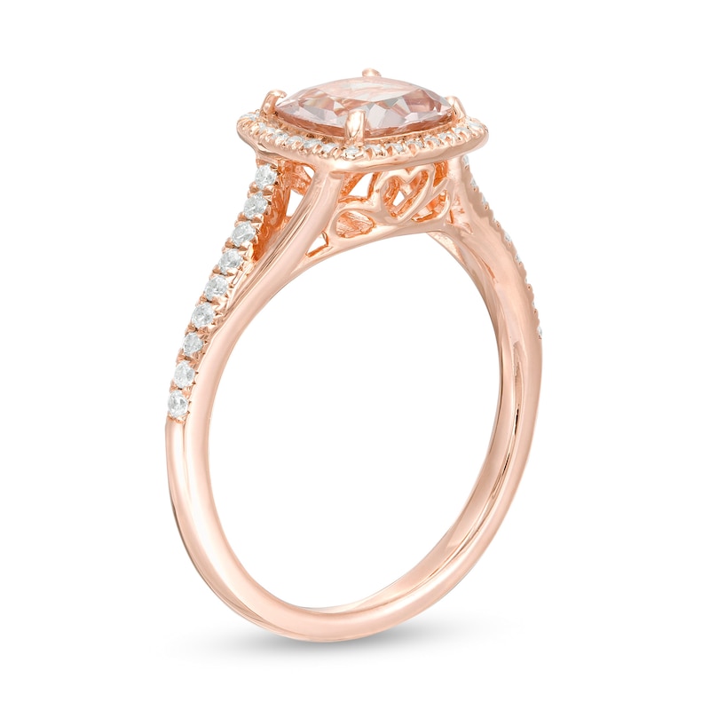 Main Image 3 of 7.0mm Cushion-Cut Morganite and 1/4 CT. T.W. Diamond Frame Split Shank Ring in 10K Rose Gold