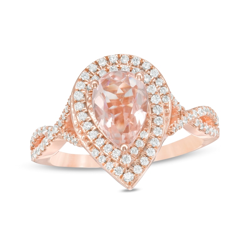 Main Image 1 of Pear-Shaped Morganite and 1/2 CT. T.W. Diamond Cascade Frame Crossover Shank Ring in 10K Rose Gold