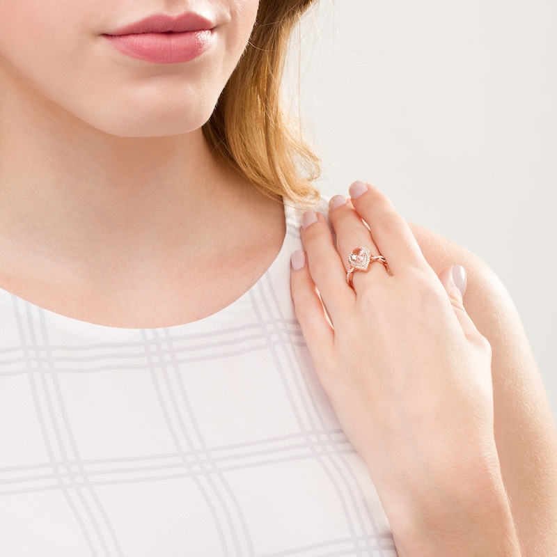 Main Image 2 of Pear-Shaped Morganite and 1/2 CT. T.W. Diamond Cascade Frame Crossover Shank Ring in 10K Rose Gold