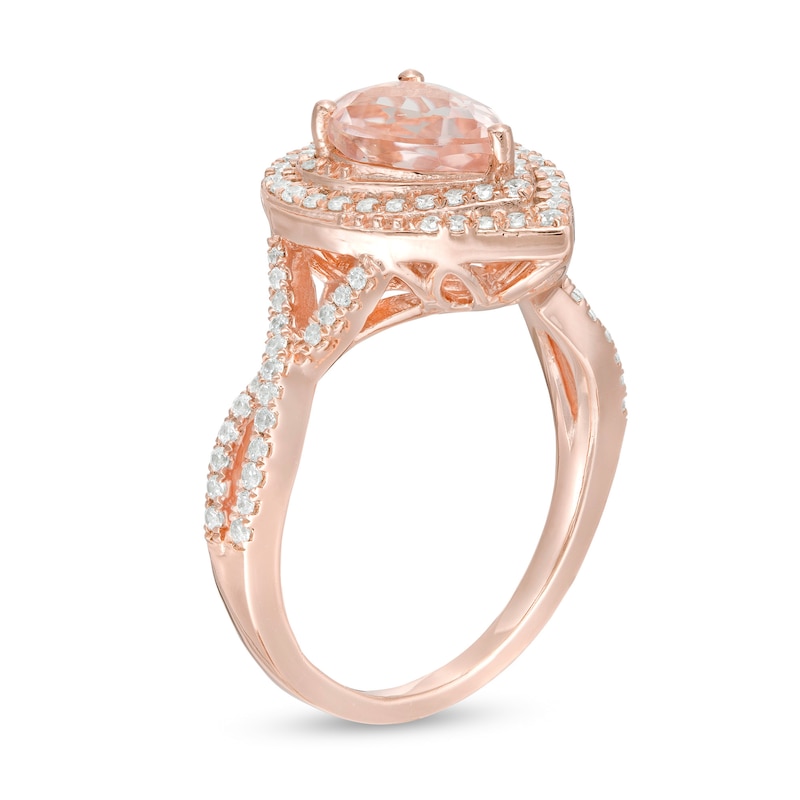 Main Image 3 of Pear-Shaped Morganite and 1/2 CT. T.W. Diamond Cascade Frame Crossover Shank Ring in 10K Rose Gold