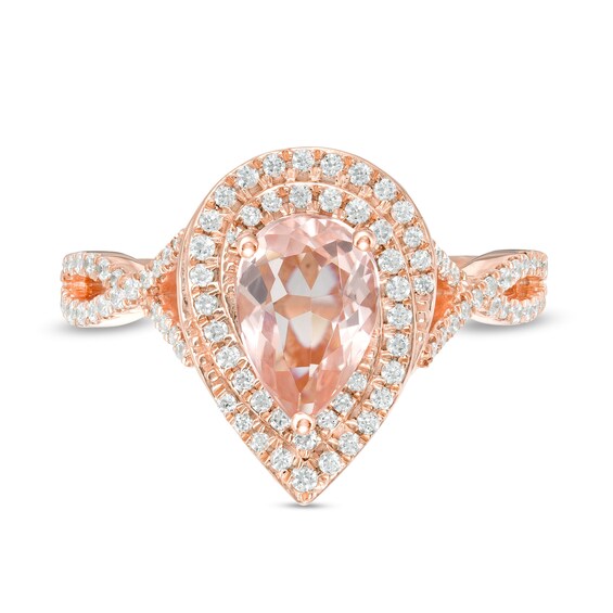 Pear-Shaped Morganite and 1/2 CT. T.w. Diamond Cascade Frame Crossover Shank Ring in 10K Rose Gold