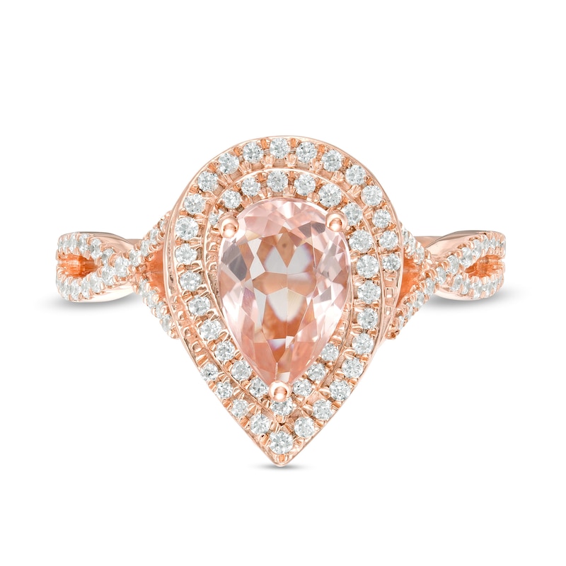 Main Image 4 of Pear-Shaped Morganite and 1/2 CT. T.W. Diamond Cascade Frame Crossover Shank Ring in 10K Rose Gold
