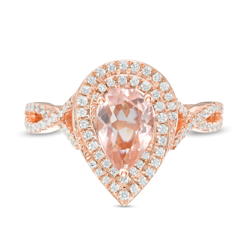 Pear-Shaped Morganite and 1/2 CT. T.W. Diamond Cascade Frame Crossover Shank Ring in 10K Rose Gold