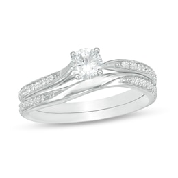 4.5mm Lab-Created White Sapphire and 1/8 CT. T.W. Diamond Waves Bridal Set in 10K White Gold