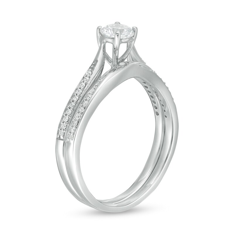 Main Image 3 of 4.5mm Lab-Created White Sapphire and 1/8 CT. T.W. Diamond Waves Bridal Set in 10K White Gold