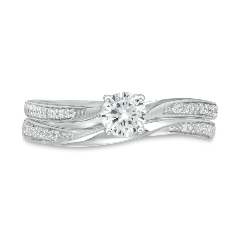 Main Image 4 of 4.5mm Lab-Created White Sapphire and 1/8 CT. T.W. Diamond Waves Bridal Set in 10K White Gold