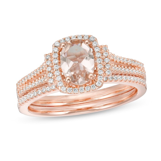 Oval Morganite and 1/3 CT. T.w. Diamond Cushion Frame Collared Split Shank Bridal Set in 10K Rose Gold