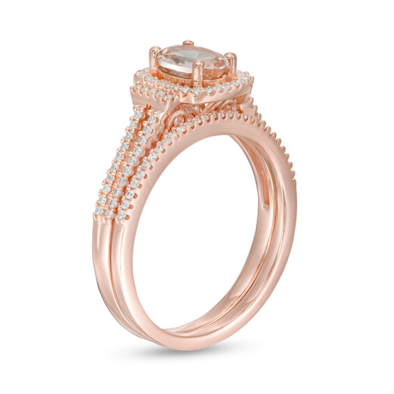 Oval Morganite and 1/3 CT. T.w. Diamond Cushion Frame Collared Split Shank Bridal Set in 10K Rose Gold