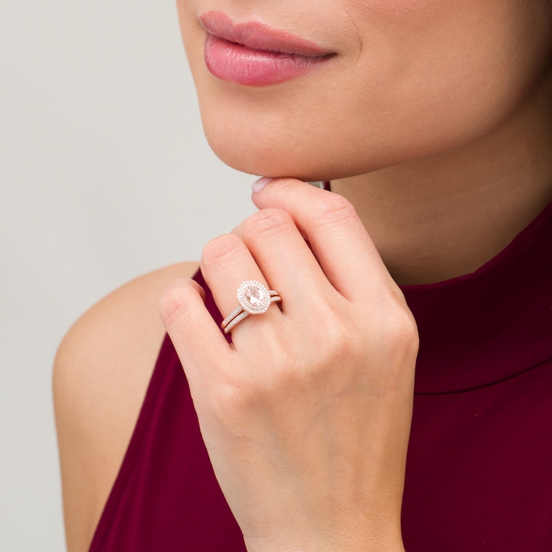 Main Image 2 of Oval Morganite and 1/4 CT. T.W. diamond Double Frame Floral Bridal Set in 10K Rose Gold