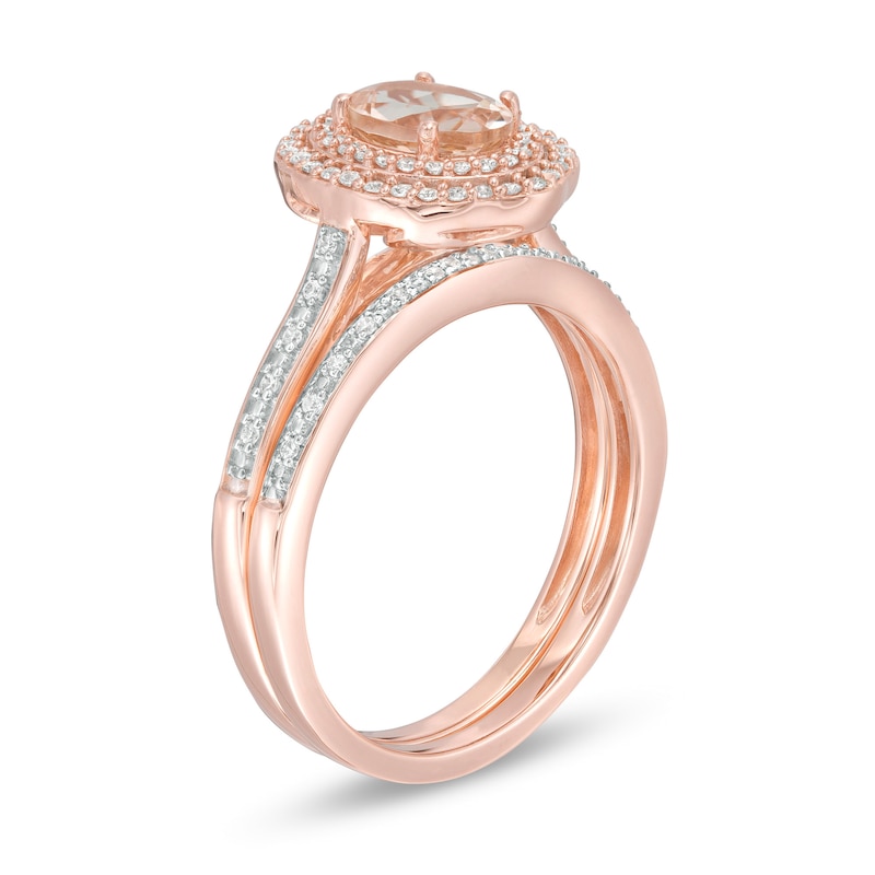 Main Image 3 of Oval Morganite and 1/4 CT. T.W. diamond Double Frame Floral Bridal Set in 10K Rose Gold