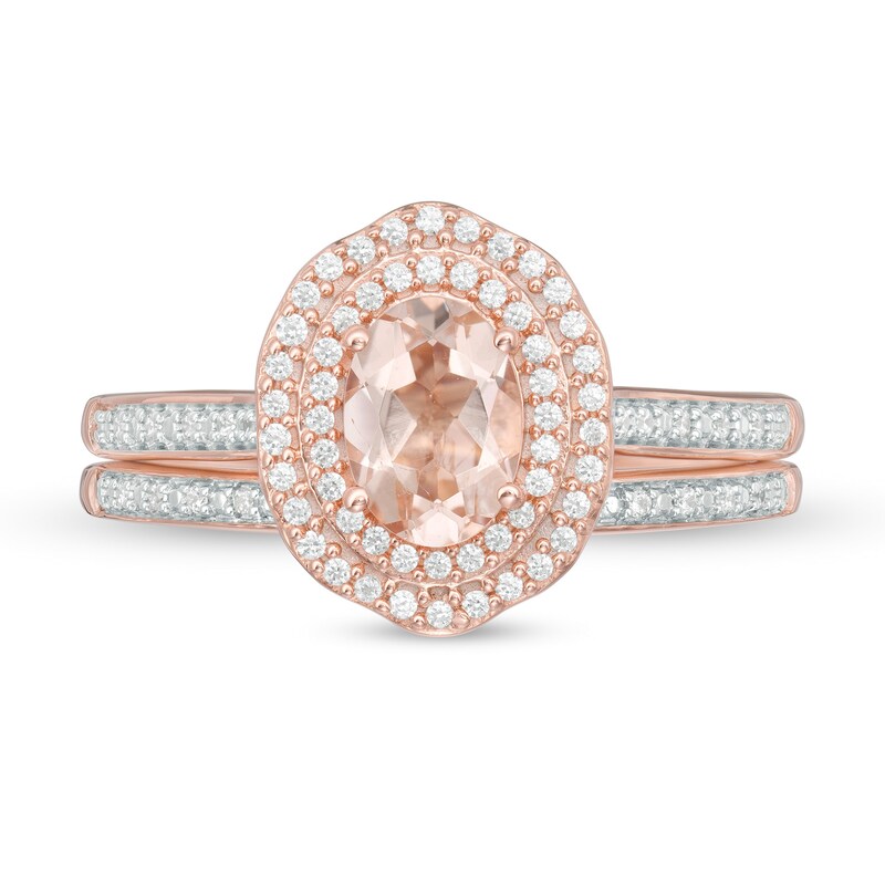 Main Image 4 of Oval Morganite and 1/4 CT. T.W. diamond Double Frame Floral Bridal Set in 10K Rose Gold
