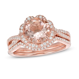 8.0mm Morganite and 3/8 CT. T.W. Diamond Frame Twist Shank Floral Bridal Set in 10K Rose Gold