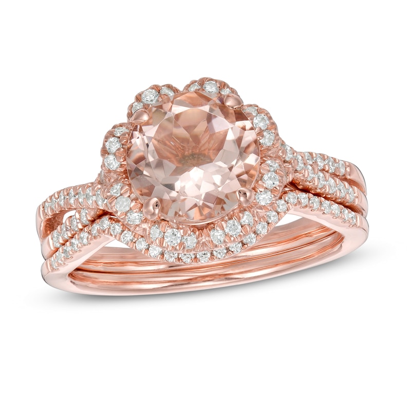 Main Image 1 of 8.0mm Morganite and 3/8 CT. T.W. Diamond Frame Twist Shank Floral Bridal Set in 10K Rose Gold