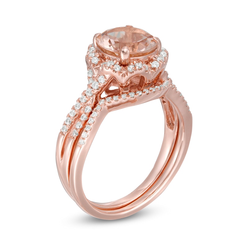 8.0mm Morganite and 3/8 CT. T.W. Diamond Frame Twist Shank Floral Bridal Set in 10K Rose Gold