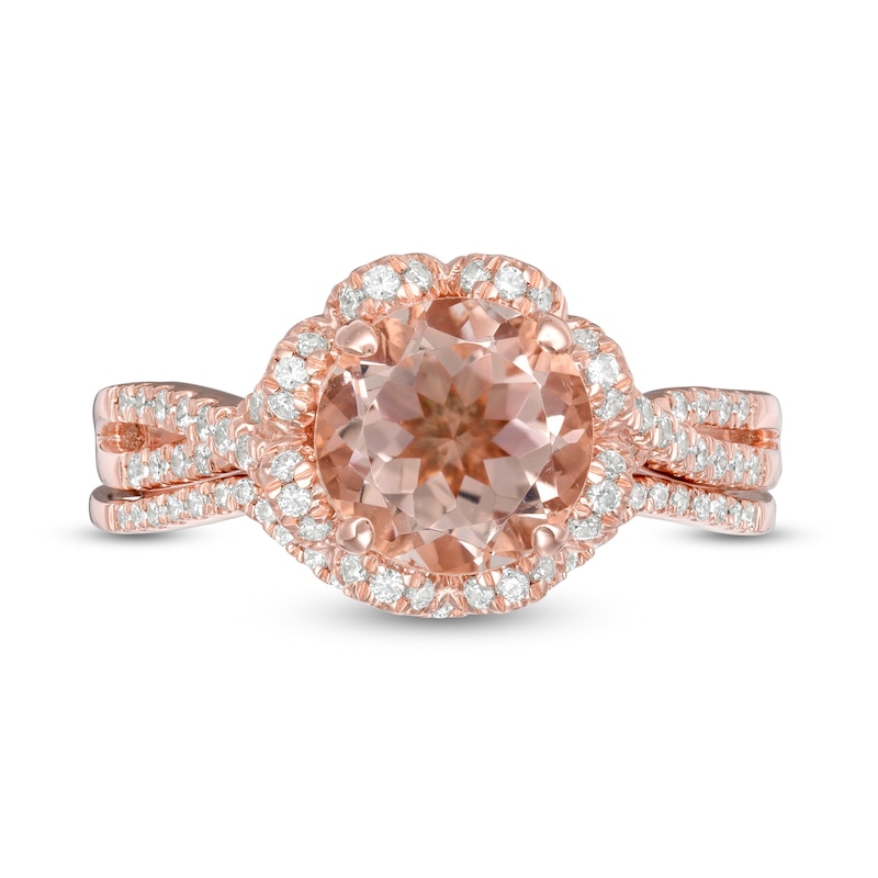 Main Image 4 of 8.0mm Morganite and 3/8 CT. T.W. Diamond Frame Twist Shank Floral Bridal Set in 10K Rose Gold
