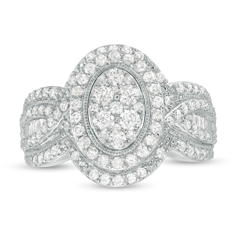 Main Image 4 of 1 CT. T.W. Composite Diamond Double Oval Frame Vintage-Style Engagement Ring in 10K White Gold