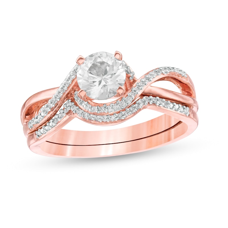 Main Image 1 of 5.5mm Lab-Created White Sapphire and 1/10 Diamond Swirl Frame Bridal Set in Sterling Silver with 14K Rose Gold Plate
