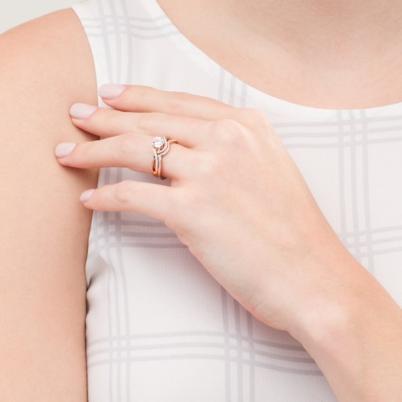 5.5mm Lab-Created White Sapphire and 1/10 Diamond Swirl Frame Bridal Set in Sterling Silver with 14K Rose Gold Plate