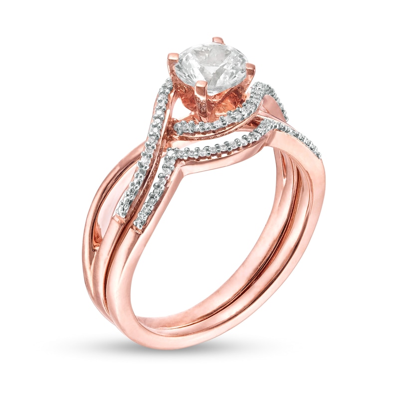 Main Image 3 of 5.5mm Lab-Created White Sapphire and 1/10 Diamond Swirl Frame Bridal Set in Sterling Silver with 14K Rose Gold Plate
