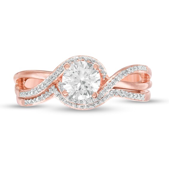 5.5mm Lab-Created White Sapphire and 1/10 Diamond Swirl Frame Bridal Set in Sterling Silver with 14K Rose Gold Plate