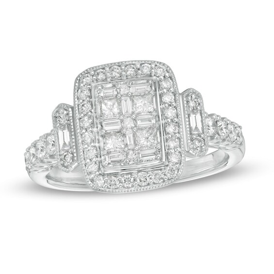 3/4 CT. T.w. Composite Diamond Rectangular Frame Vintage-Style Engagement Ring in 14K White Gold