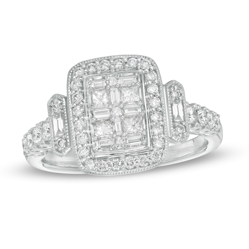 Main Image 1 of 3/4 CT. T.W. Composite Diamond Rectangular Frame Vintage-Style Engagement Ring in 14K White Gold