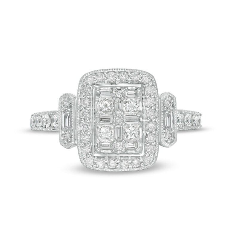 Main Image 4 of 3/4 CT. T.W. Composite Diamond Rectangular Frame Vintage-Style Engagement Ring in 14K White Gold