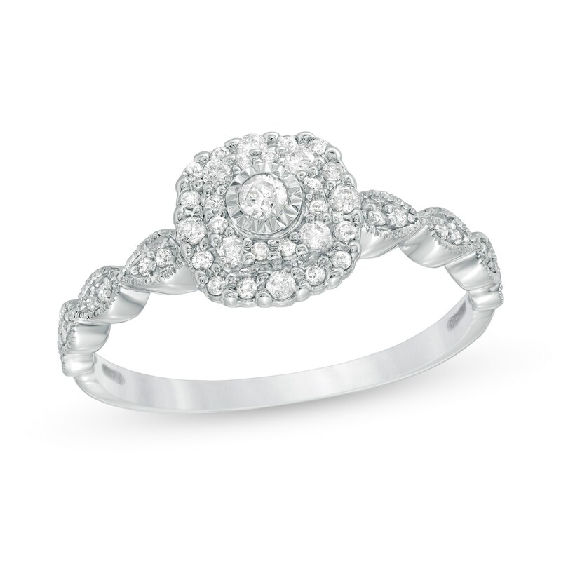 Main Image 1 of 1/4 CT. T.W. Diamond Double Cushion Frame Vintage-Style Engagement Ring in 10K White Gold