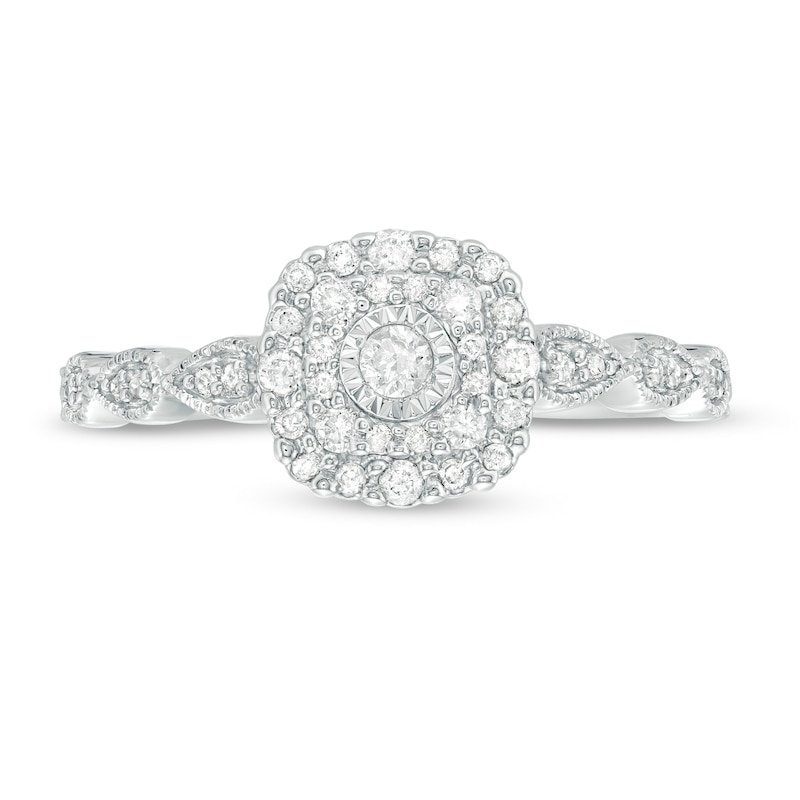 Main Image 4 of 1/4 CT. T.W. Diamond Double Cushion Frame Vintage-Style Engagement Ring in 10K White Gold