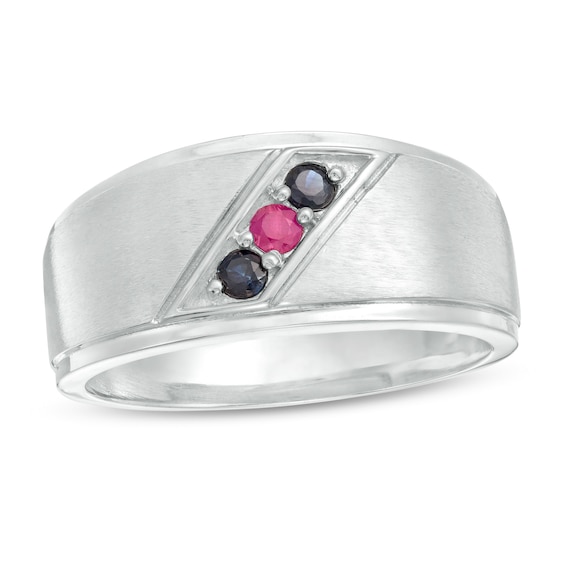 Men's Birthstone Slant Multi-Finished Stepped Edge Ring (3 Stones)