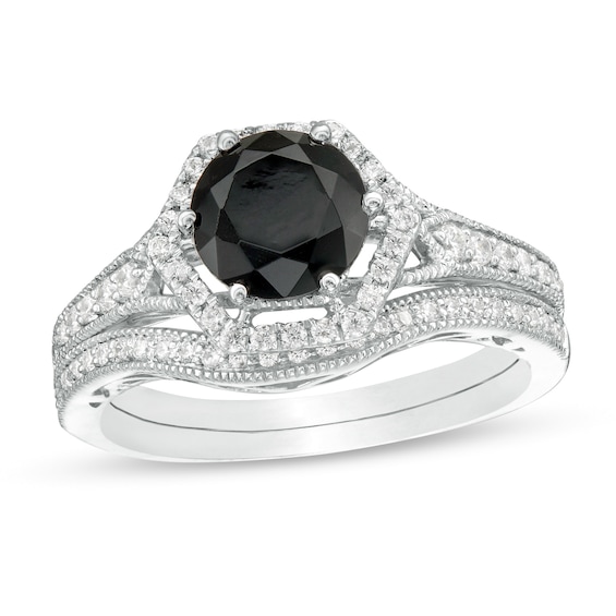 7.0mm Lab-Created Black Sapphire and 3/8 CT. T.W. Diamond Hexagonal Frame Vintage-Style Bridal Set in 10K White Gold