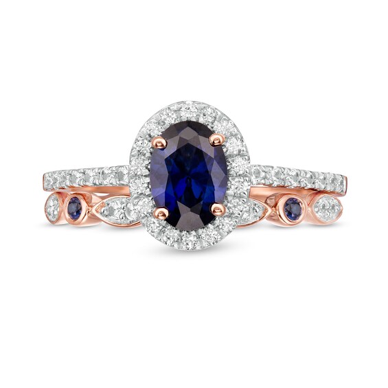 Oval Lab-Created Blue and White Sapphire Frame Art Deco Bridal Set in 10K Rose Gold