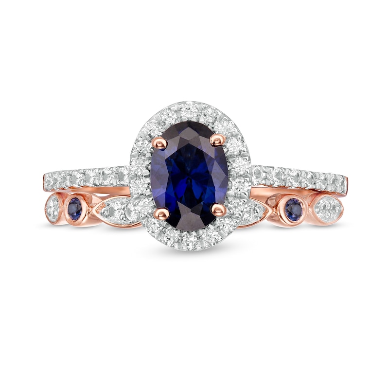 Oval Lab-Created Blue and White Sapphire Frame Art Deco Bridal Set in 10K Rose Gold