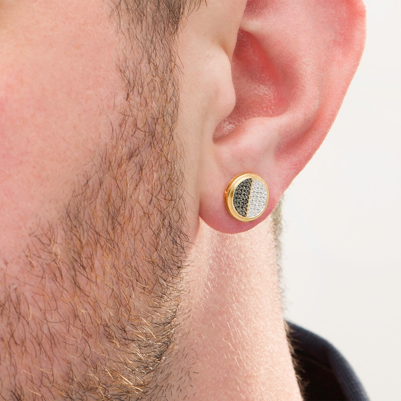 Main Image 2 of Men's 1/10 CT. T.W. Enhanced Black and White Diamond Circle Stud Earrings in Sterling Silver with 14K Gold Plate