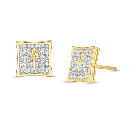 1/10 CT. T.w. Diamond Concave Square with Ankh Stud Earrings in 10K Gold