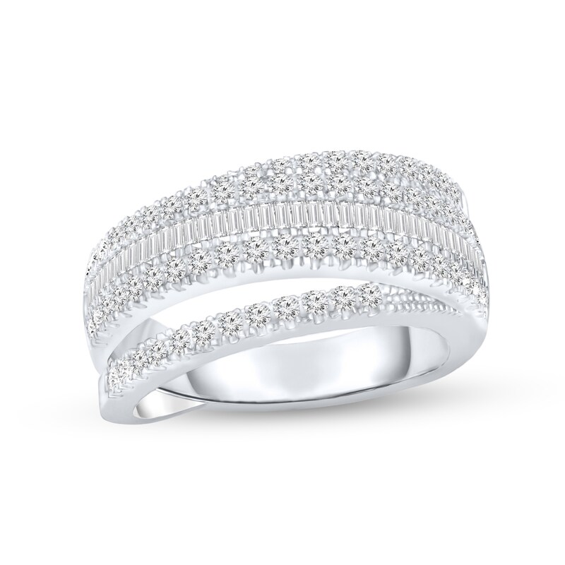 1 CT. T.W. Baguette and Round Diamond Multi-Row Overlay Band in 14K White Gold
