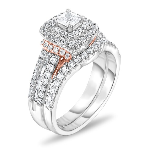1-1/4 CT. T.w. Cushion-Cut Diamond Double Frame Collar Multi-Row Bridal Set in 14K Two-Tone Gold